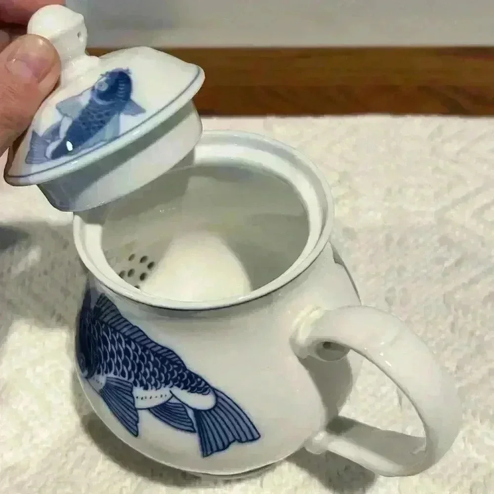 Chang’s White Jade Porcelain Blue Koi Teapot